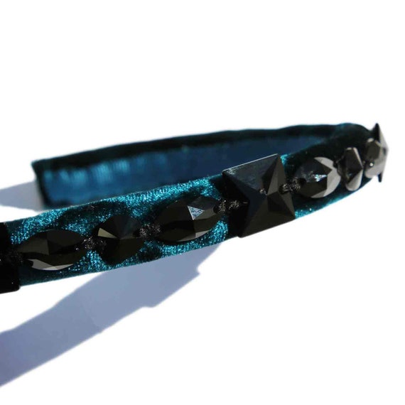 Black Crystal Embellished Velvet Headband / 9 Velvet Color  display picture 1