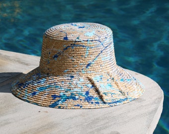 1/1 Blue Abstract Splatter Straw Bucket Hat Kate Stoltz