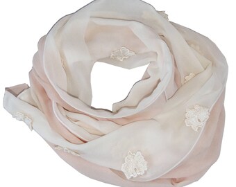 Petal Pink and White Silk Chiffon Scarf with Embroidery Flower