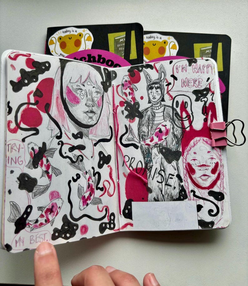 Sketchbook Zine - Alternative Art Book, Drawings, Collage, Mixed Media Journal | Pocket Sized Doodles for Inspiration | Gifts for Creatives
