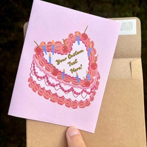 Coquette hartvormige wenskaart verjaardagstaart, aanpasbare tekst | Leuk verjaardagscadeau | Lief cadeau voor haar, vriend, familie, vriendin