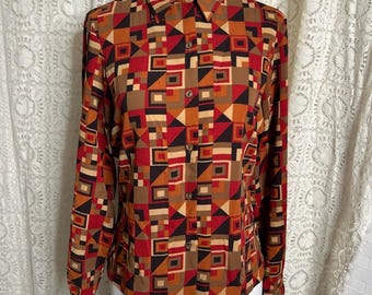 70-tals Jones Wear geometriskt tryckt långärmad blus med knappar