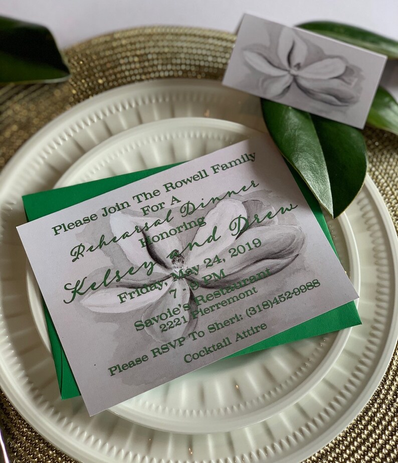 Cocktail Party Southern Engagement Bridal Brunch New Orleans Rehearsal Dinner. Printed Magnolia Flower Invitations Couples Shower