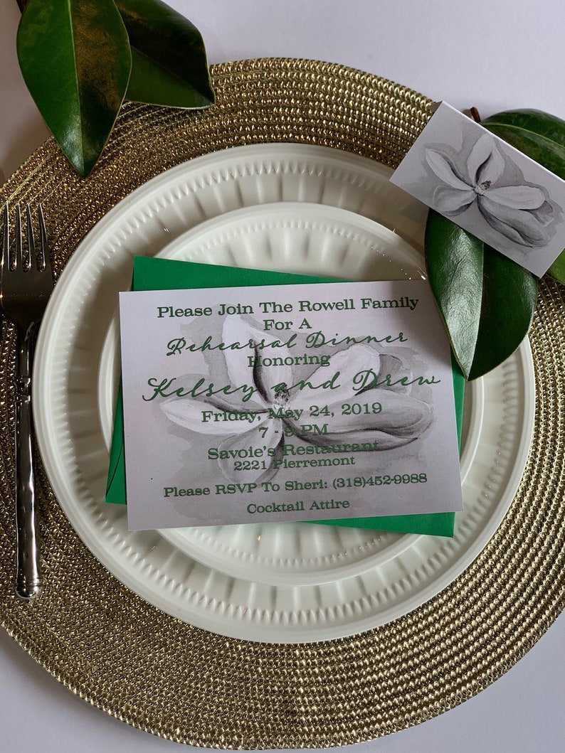 Cocktail Party Southern Engagement Bridal Brunch New Orleans Rehearsal Dinner. Printed Magnolia Flower Invitations Couples Shower