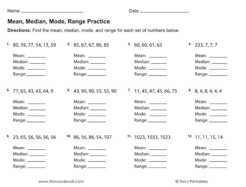 Mean, Median, Mode, Range Worksheets PDF | 3 Printable Worksheets - Etsy