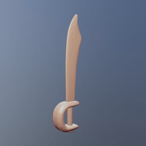 May include: A wooden toy sword with a curved handle. The sword is light brown in colour.