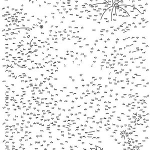 Pode incluir: Um quebra-cabeça de ligar os pontos em preto e branco com números de 1 a 1000. O quebra-cabeça é projetado para criar uma imagem de um show de fogos de artifício.