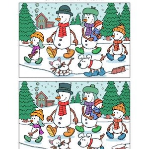 May include: A spot the difference game with two images of a snowman family walking in the snow. The family includes a snowman, a snow woman, two children, and two dogs. The images are identical except for 10 differences.