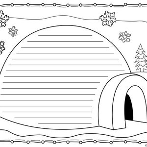 May include: A black and white line drawing of an igloo with a snowy landscape and snowflakes. The igloo has a doorway and is surrounded by trees.