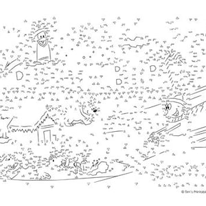 May include: Black and white dot-to-dot puzzle featuring cartoon characters in a winter scene. The image includes a snowman, a fish wearing a hat, and a house. The puzzle is designed for children.