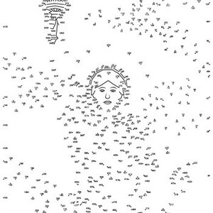 Peut inclure: Une feuille d'activité de points à relier en noir et blanc représentant une femme avec une auréole et une torche. Les numéros de 1 à 200 sont dispersés sur l'image.