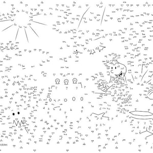 Puede incluir: Una actividad de unir puntos en blanco y negro con un personaje de dibujos animados con un perro. La imagen incluye los números del 1 al 750.