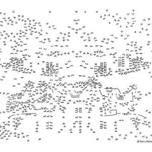 May include: A black and white connect the dots activity sheet with numbers 1 through 200. The image shows a design of two symmetrical trees with a large, abstract shape in the center.