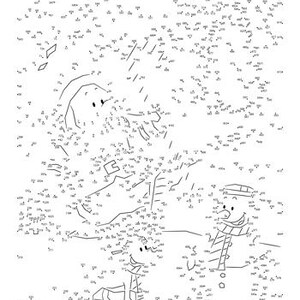 Peut inclure: Puzzle point à point en noir et blanc représentant un bonhomme de neige, un renne et un paysage enneigé. Les numéros sont dispersés sur la page, prêts à être reliés pour révéler les images cachées. Le texte "Tim's Printables LLC" est en bas.