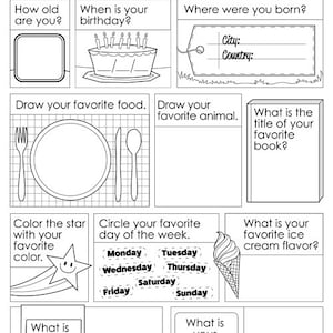 Puede incluir: Hoja de trabajo imprimible en blanco y negro con el título "Get to Know Me!" y preguntas sobre información personal, como la edad, el cumpleaños, la comida favorita, el animal favorito, el libro favorito, el día favorito de la semana, el sabor de helado favorito, la canción favorita y la película favorita.