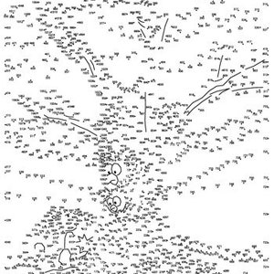 May include: A black and white connect-the-dots puzzle featuring a cartoon character with a large nose and eyes. The puzzle is numbered 1 through 499.