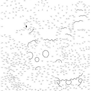 Op de afbeelding: Een zwart-witte verbind-de-stippen puzzel met een cartoon-ruimtescène met planeten, sterren en een ruimteschip. De puzzel is genummerd van 1 tot 430.