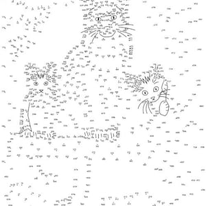 May include: A black and white dot-to-dot puzzle featuring three cat illustrations. Each cat is outlined with numbered dots, ready to be connected. The image includes the text "Tim's Printables" in the bottom right corner.