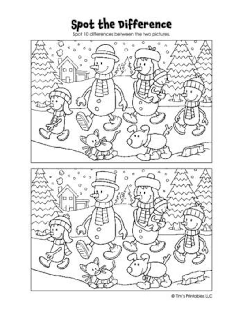 May include: A black and white illustration of a winter scene with a snowman, children, and a dog. The scene is repeated twice with 10 differences between the two images. Spot the difference game.