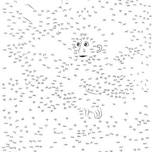 May include: A black and white connect the dots puzzle featuring a cartoon character with large ears and a mischievous grin. The puzzle is numbered from 1 to 400.