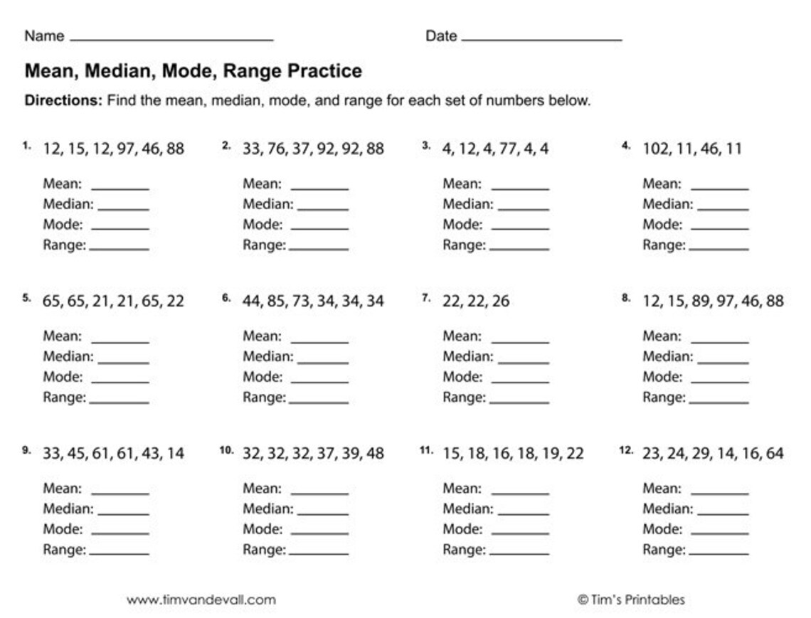 Mean Median Mode Range Worksheets PDF 3 Printable Worksheets Etsy