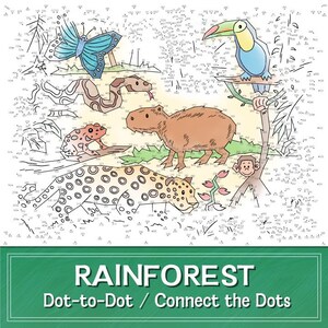 Puede incluir: Un rompecabezas de puntos a puntos con temática de selva tropical que presenta un jaguar, un tucán y un mono. La imagen tiene una pancarta verde en la parte inferior con el texto "RAINFOREST Dot-to-Dot / Connect the Dots".