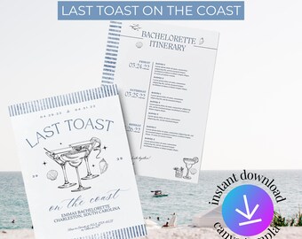 Last Toast On the Coast Bachelorette Party Invitation and Itinerary Template, Coastal Beach Bachelorette Party Template, With Free Logo
