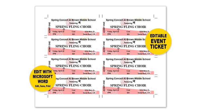 event tickets editable word template printable instant download you edit word template diy editable ticket raffle tickets printing raffle tickets in word