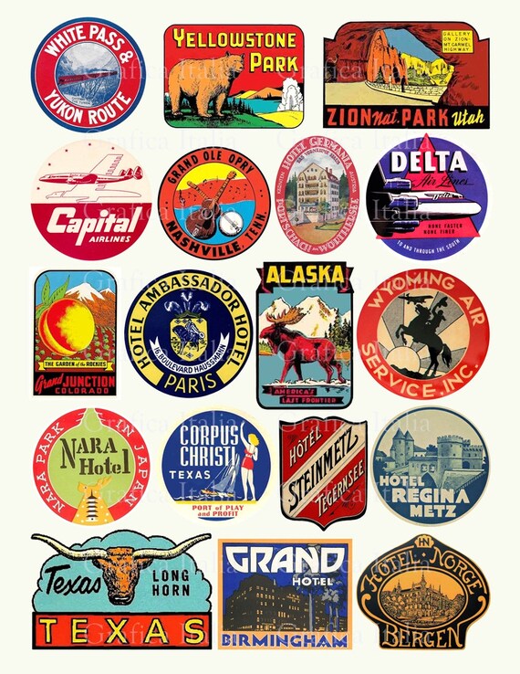18 travel luggage stickers retro digital printable collage etsy