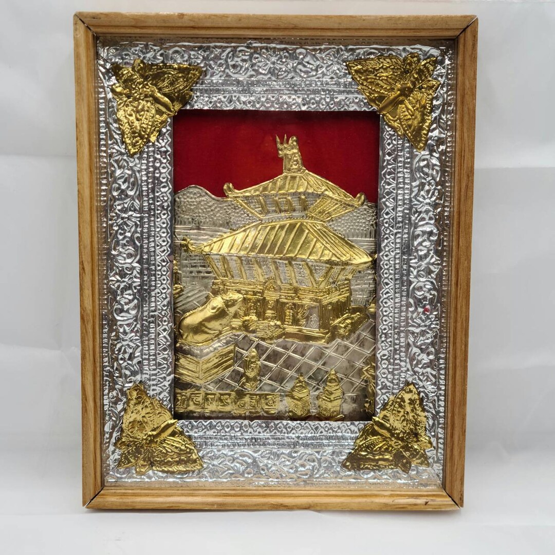 Vintage Asian Wall Art Pressed Tin Mixed Media Handmade Framed Asian