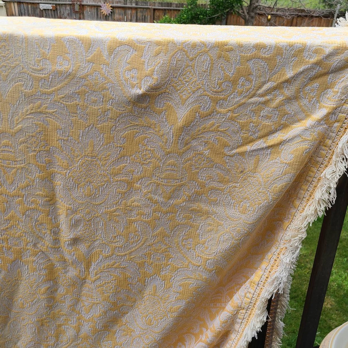 Vintage Bates brocade bedspread fringed gold double size mid Etsy