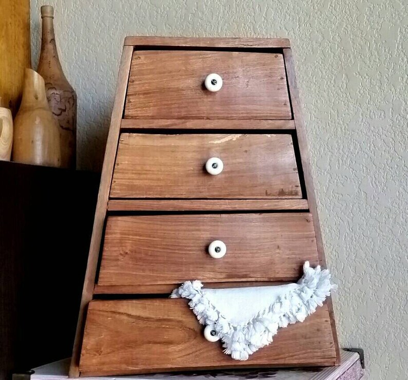 Small Wooden Primitive Cabinet Of Drawers A Line Triangular Shape Vintage 20s Prim Storage Kitchen Bath Sewing Drawer