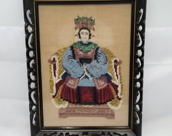Vintage crewel embroidery asian empress priestess chinoiserie hand made framed