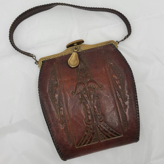 Vintage 30s tooled leather handbag ornate frame wo
