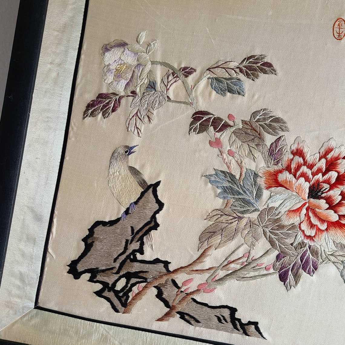 Vintage Asian Silk Tapestry Framed Embroidered Wall Art Bird Etsy