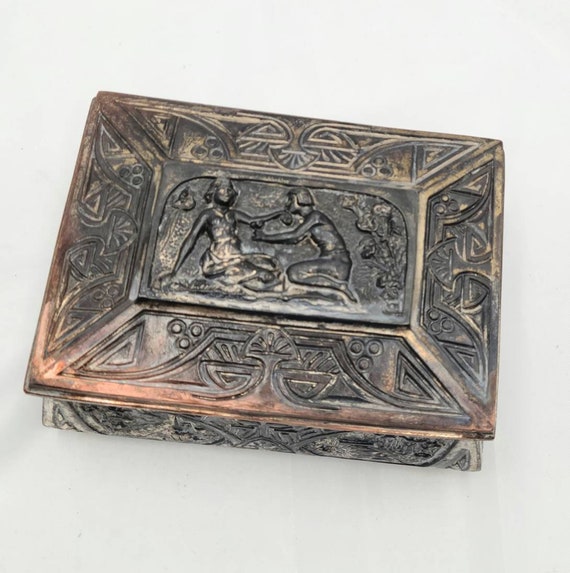 Vintage engraved metal trinket jewelry box tarnis… - image 3