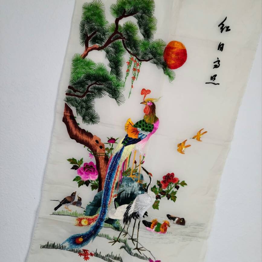 Vintage crewel embroidery asian empress priestess chinoiserie hand made framed