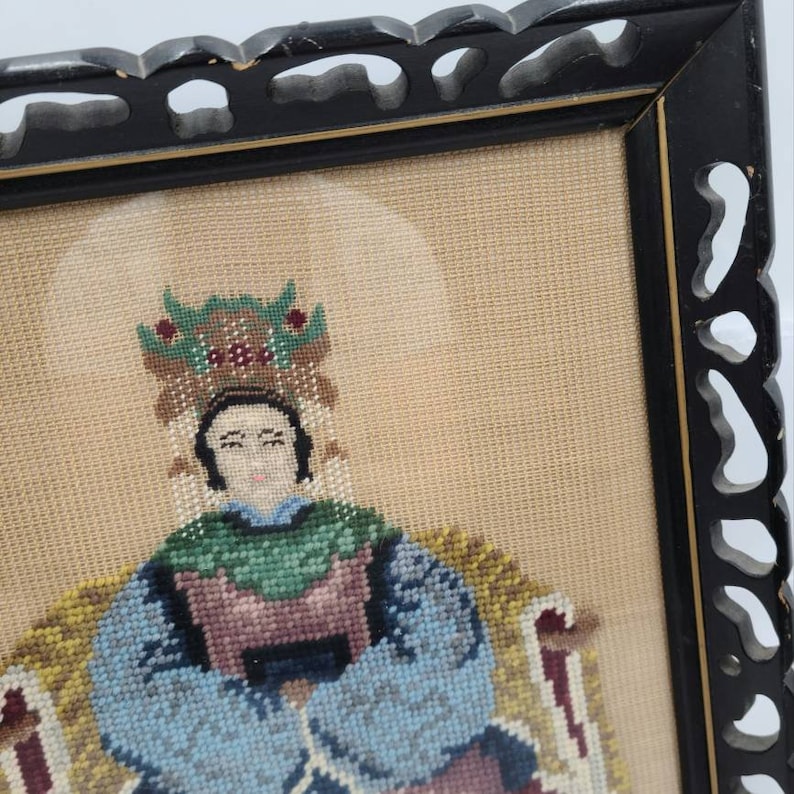 Vintage crewel embroidery asian empress priestess chinoiserie hand made framed