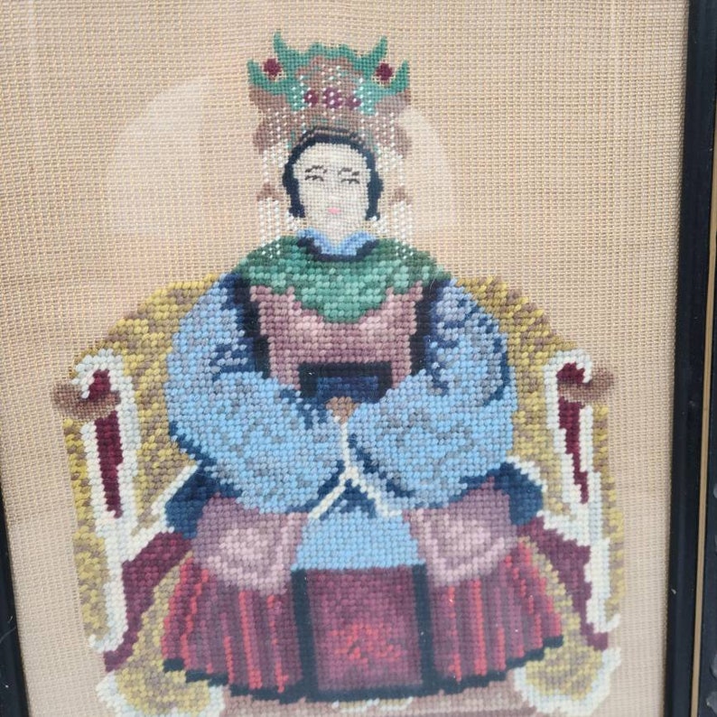 Vintage crewel embroidery asian empress priestess chinoiserie hand made framed