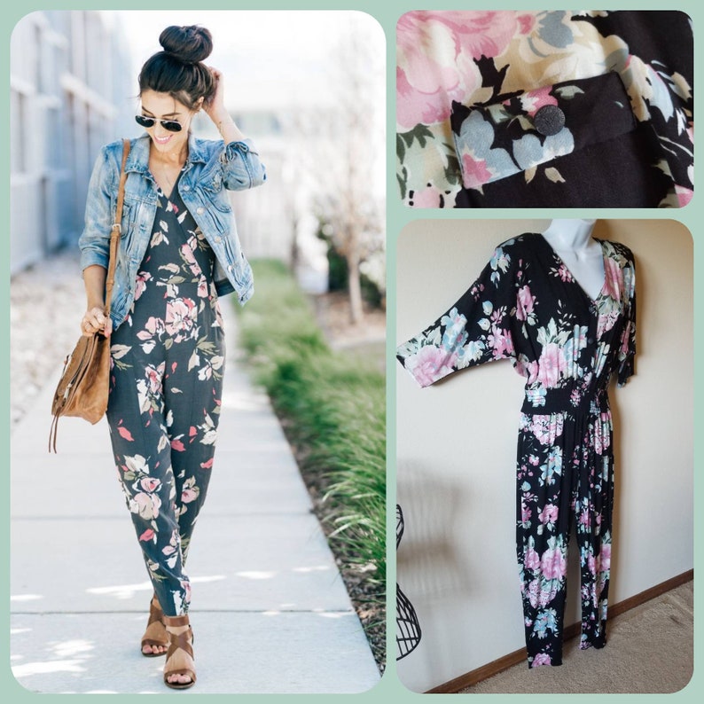 Vintage high waisted floral jumpsuit pantsuit romper capezio cotton jumper elastic waist pants 80s style womens fashion flowers