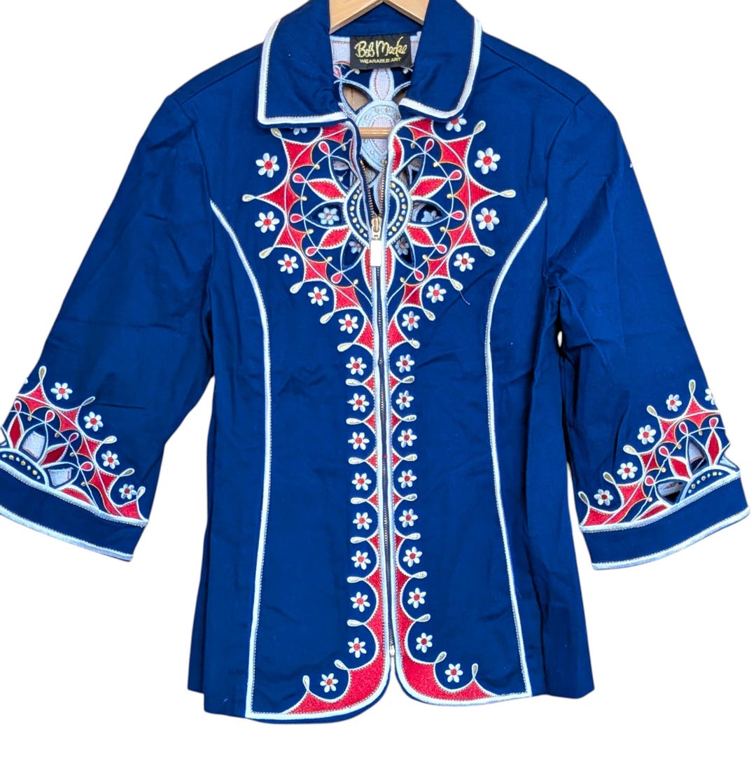 Bob Mackie Wearable Art Embroidered Blue Zip-front Jacket XS Laser