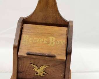 Mid century recipe box wood with brass eagle handwritten recipes