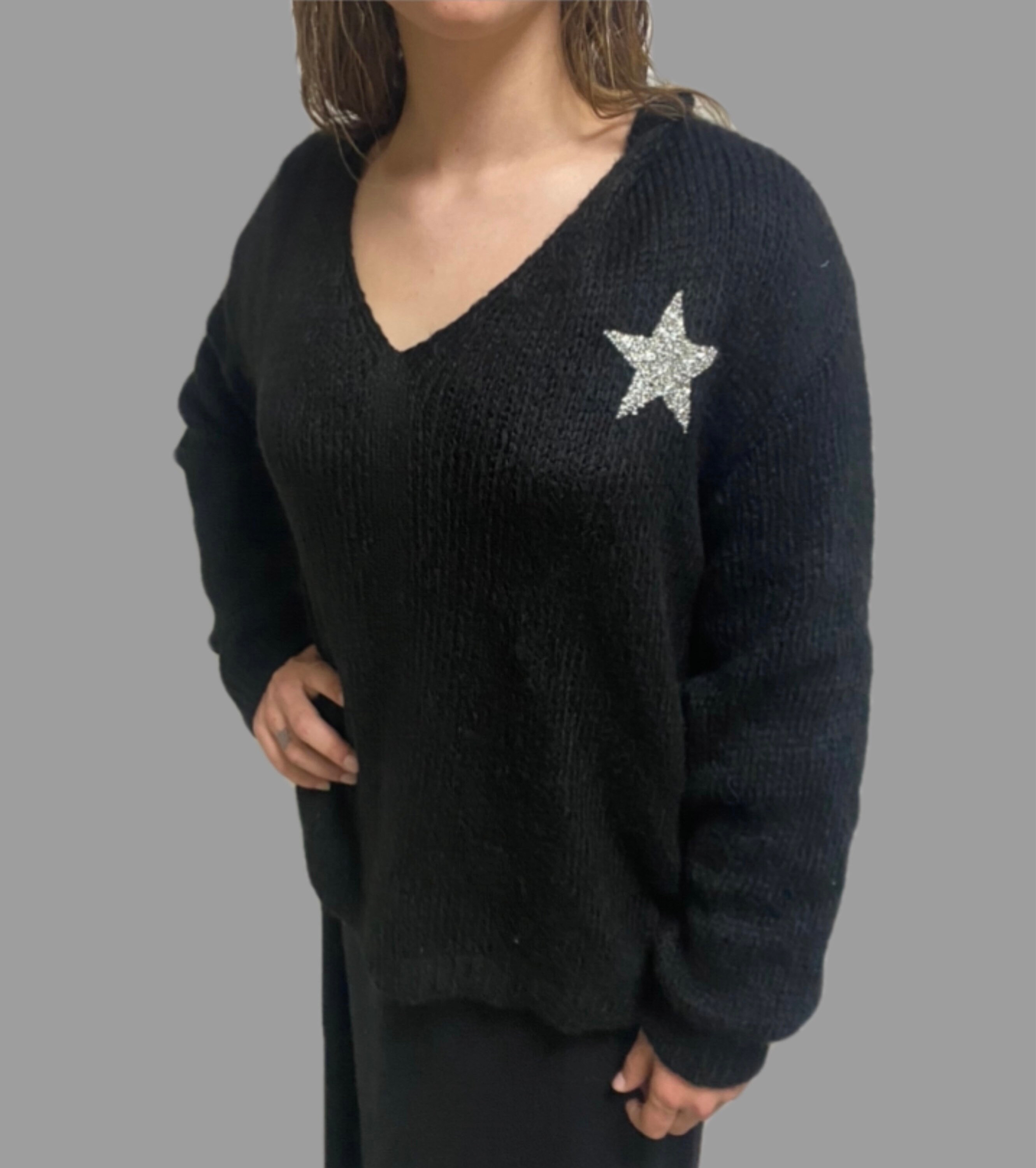 LolaTorero Black Knitted Sweater with Glitter Star. Black V-Neck Knit Sweater with Silver Star. Knitted Winter Jumper with Silver Star.