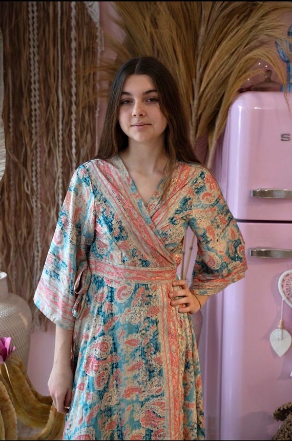 Green and pink paisley print silk wrap dress with gold accents, V-neck, and cape sleeves. Long bohemian dress. Gifts for her. summer dress Green and pink paisley print silk wrap dress with gold accents, V-neck, and cape sleeves. Long bohemian dress. Gifts for her. summer dress