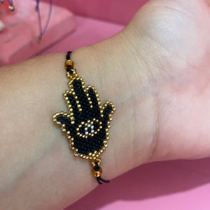 Black bracelet. Gold bracelet. Miyuki bracelet. Hamsa bracelet. Macrame bracelet. Bohemian bracelet. Woman bracelet.Evil Eye bracelet