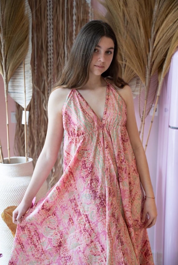 pink and green paisley dress Short Pink and Gold Halter Boho Dress With Green Paisley. Summer Bohemian  Dress. Gifts for Her. Pink Boho Dress. Summer Dress. Silk Dress