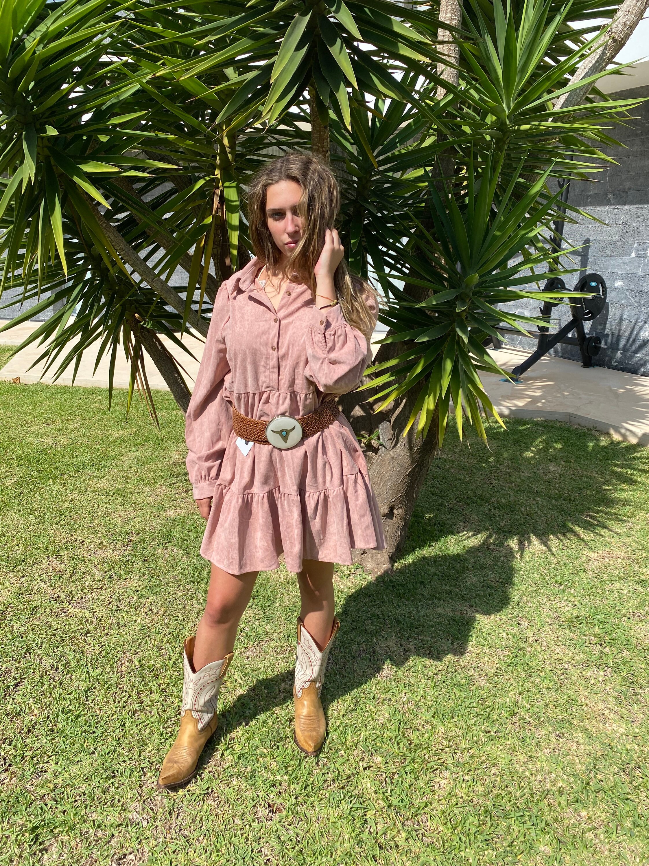 Short Pink Corduroy Dress With Long 