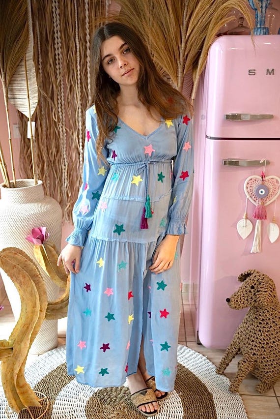 Blue Long-sleeved Tie-dye Dress With a V-neck and Embroidered Stars in  Fluorescent Colors - Etsy Ireland