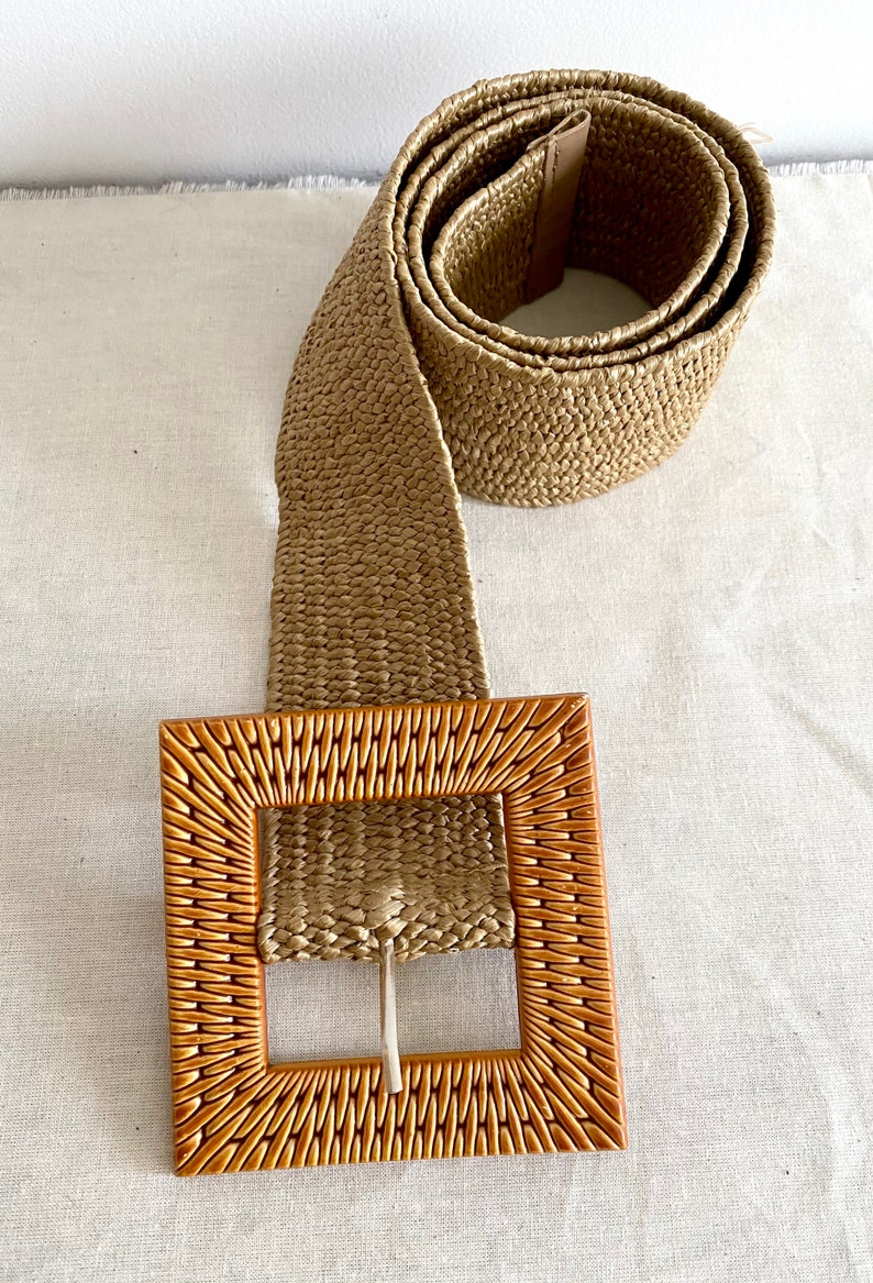 Natural raffia belt for women.boho square buckle belt.raffia Etsy