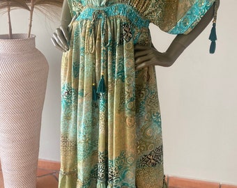 Boho dress. Silk boho dress. Maxi boho dress. Blue boho dress. Green boho dress. Caftan boho dress. Short sleeves boho dress.Gold boho dress